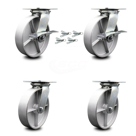Service Caster 8 Inch Semi Steel Caster Set with Roller Bearing 4 Swivel Lock and 2 Brake SCC SCC-35S820-SSR-SLB-BSL-2-BSL-2